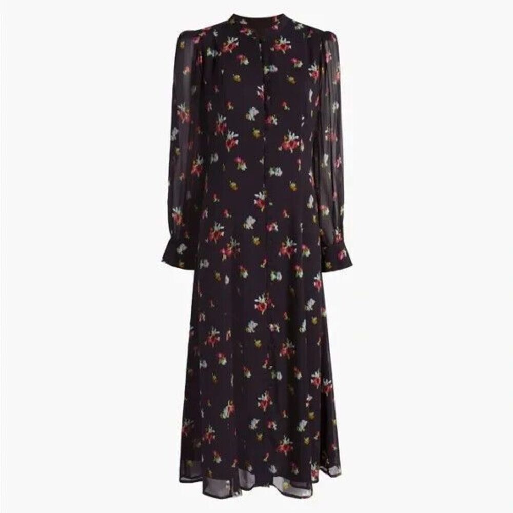 Hill House Cindra Dress Button Front Midi Sheer Sleeve Size XL Black Ikat Floral